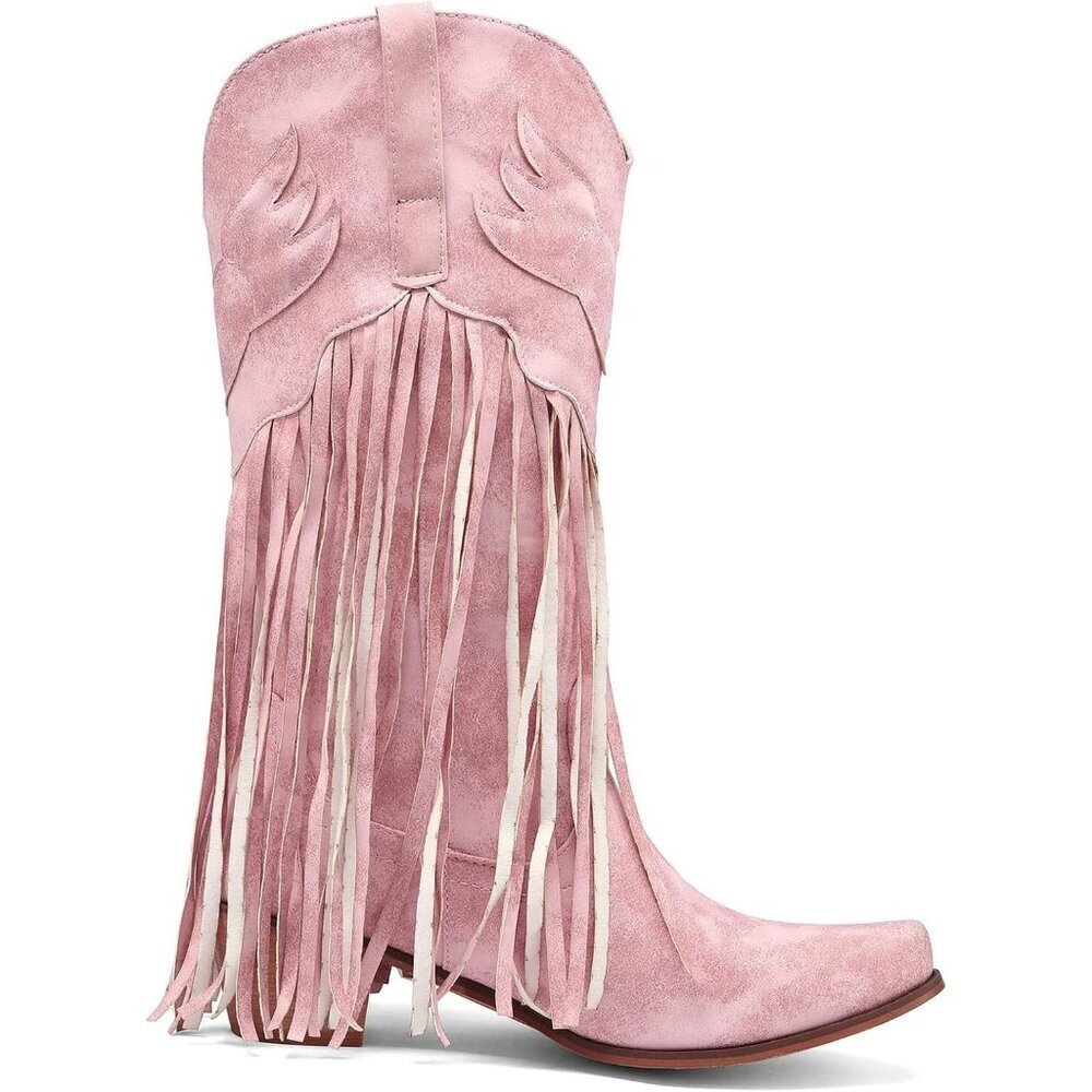 Women's Pink Fringe Cowboy Boots Square Toe Mid Calf Embroidered Western Boots - Picture 4 of 7